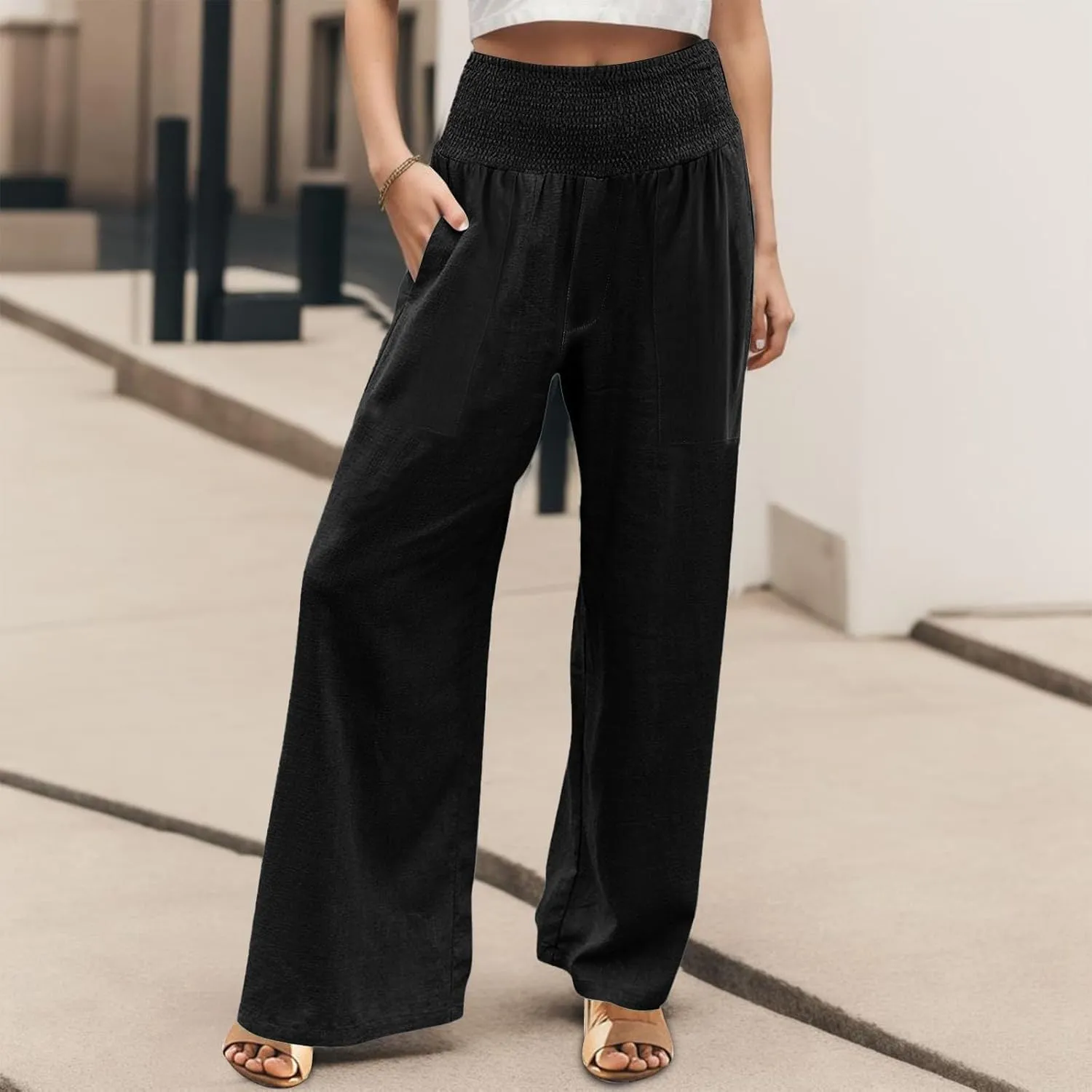 Cotton Linen Lounge Pants Women Boho Wide Leg Elastic Waist Summer Flowy Palazzo Pants Straight Leg Smocked Soft Trouser