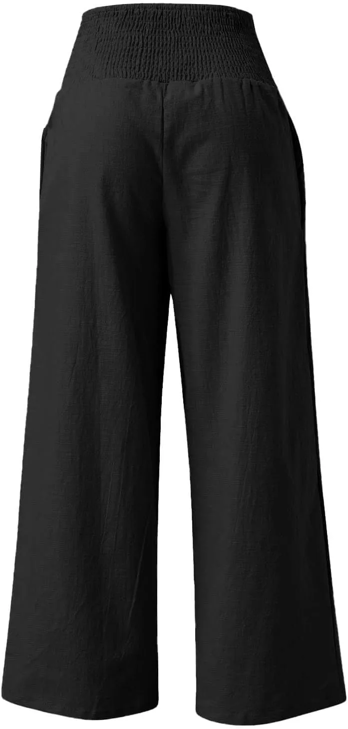 Cotton Linen Lounge Pants Women Boho Wide Leg Elastic Waist Summer Flowy Palazzo Pants Straight Leg Smocked Soft Trouser