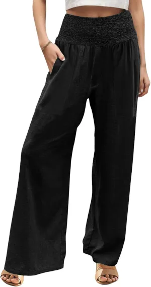 Cotton Linen Lounge Pants Women Boho Wide Leg Elastic Waist Summer Flowy Palazzo Pants Straight Leg Smocked Soft Trouser