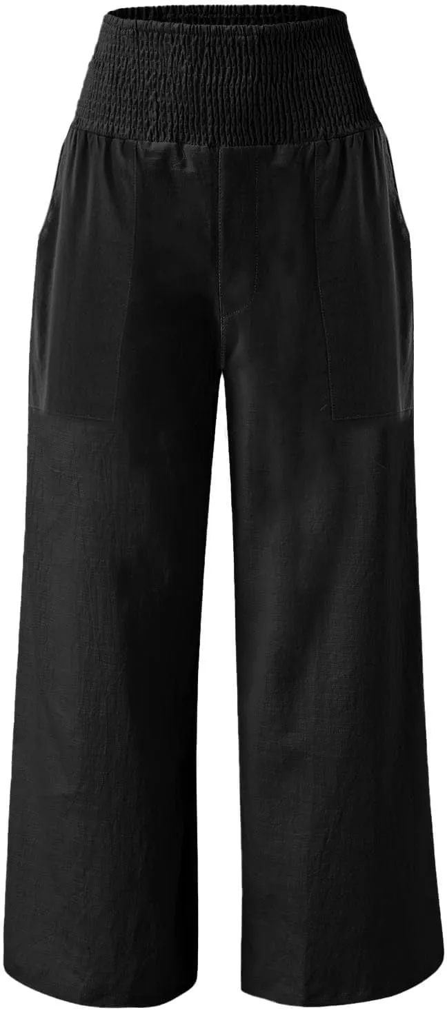 Cotton Linen Lounge Pants Women Boho Wide Leg Elastic Waist Summer Flowy Palazzo Pants Straight Leg Smocked Soft Trouser