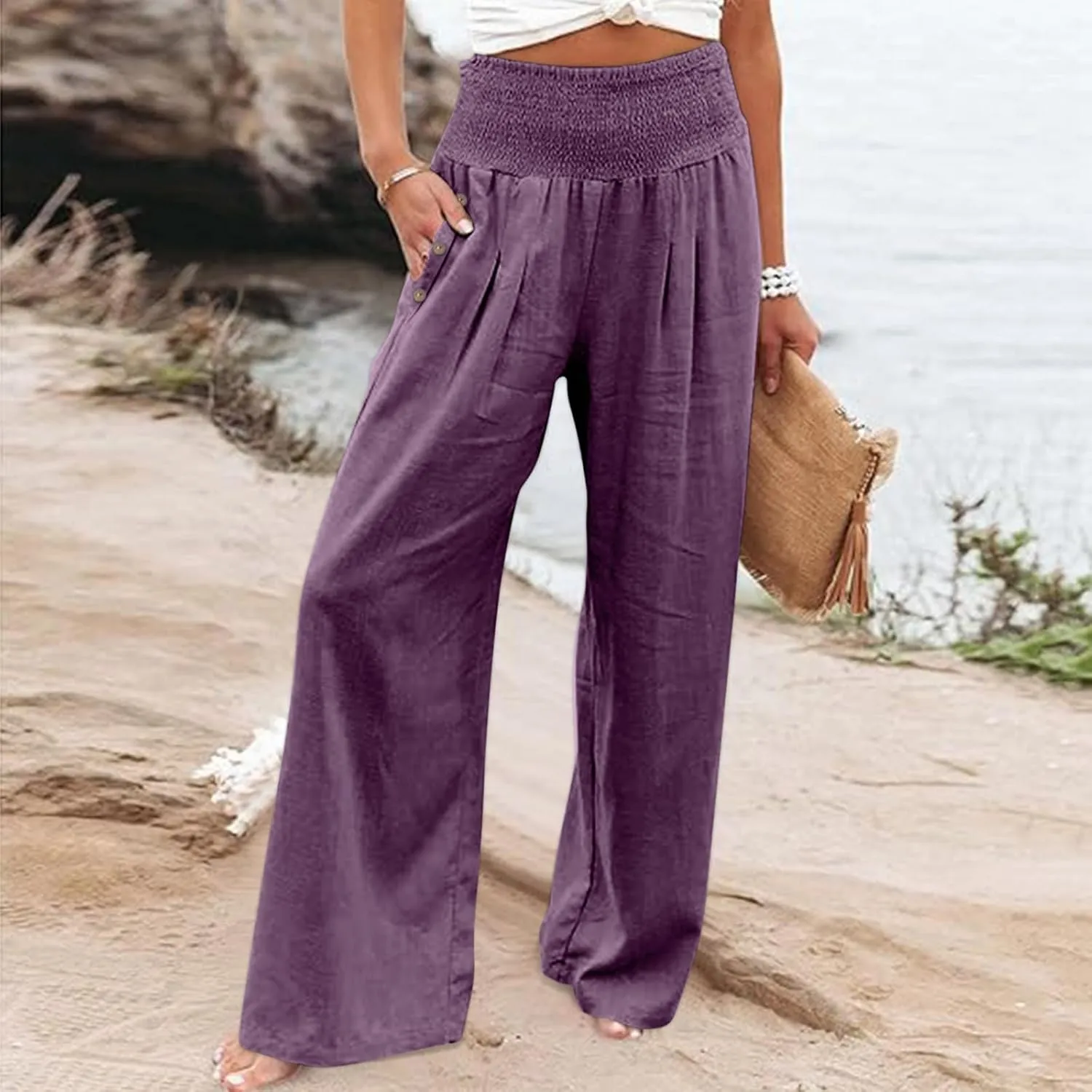 Cotton Linen Lounge Pants Women Boho Wide Leg Elastic Waist Summer Flowy Palazzo Pants Straight Leg Smocked Soft Trouser