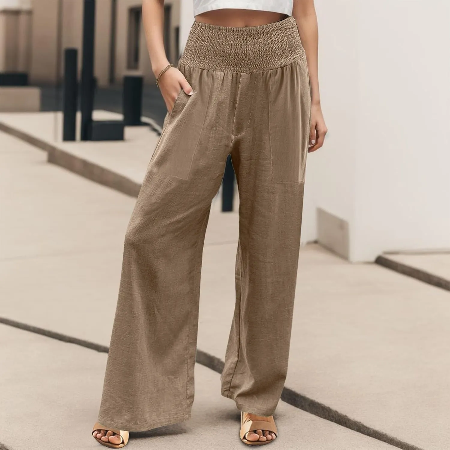 Cotton Linen Lounge Pants Women Boho Wide Leg Elastic Waist Summer Flowy Palazzo Pants Straight Leg Smocked Soft Trouser