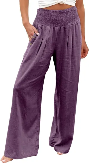 Cotton Linen Lounge Pants Women Boho Wide Leg Elastic Waist Summer Flowy Palazzo Pants Straight Leg Smocked Soft Trouser