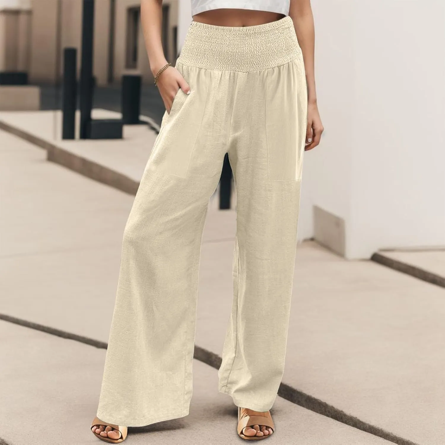Cotton Linen Lounge Pants Women Boho Wide Leg Elastic Waist Summer Flowy Palazzo Pants Straight Leg Smocked Soft Trouser