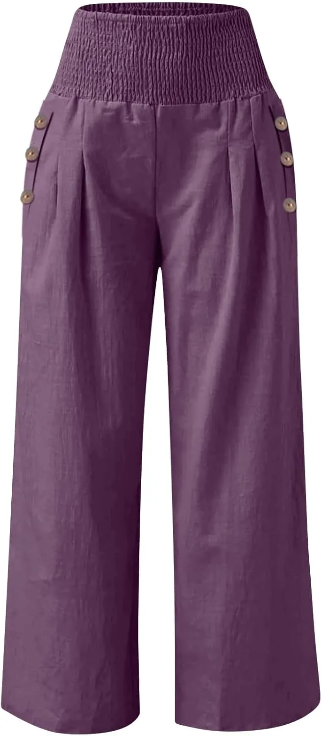 Cotton Linen Lounge Pants Women Boho Wide Leg Elastic Waist Summer Flowy Palazzo Pants Straight Leg Smocked Soft Trouser