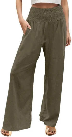 Cotton Linen Lounge Pants Women Boho Wide Leg Elastic Waist Summer Flowy Palazzo Pants Straight Leg Smocked Soft Trouser