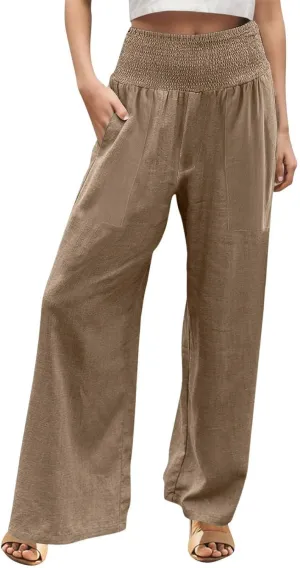 Cotton Linen Lounge Pants Women Boho Wide Leg Elastic Waist Summer Flowy Palazzo Pants Straight Leg Smocked Soft Trouser
