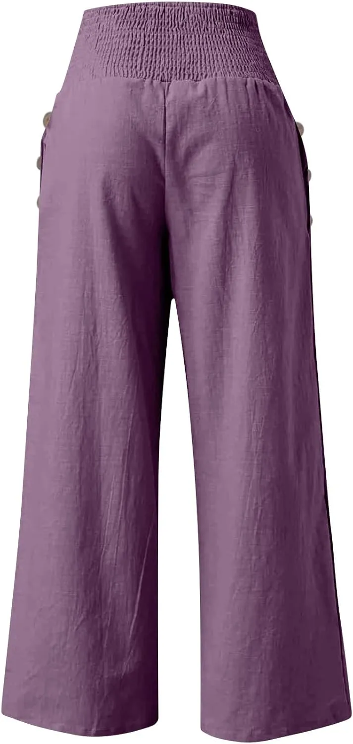 Cotton Linen Lounge Pants Women Boho Wide Leg Elastic Waist Summer Flowy Palazzo Pants Straight Leg Smocked Soft Trouser