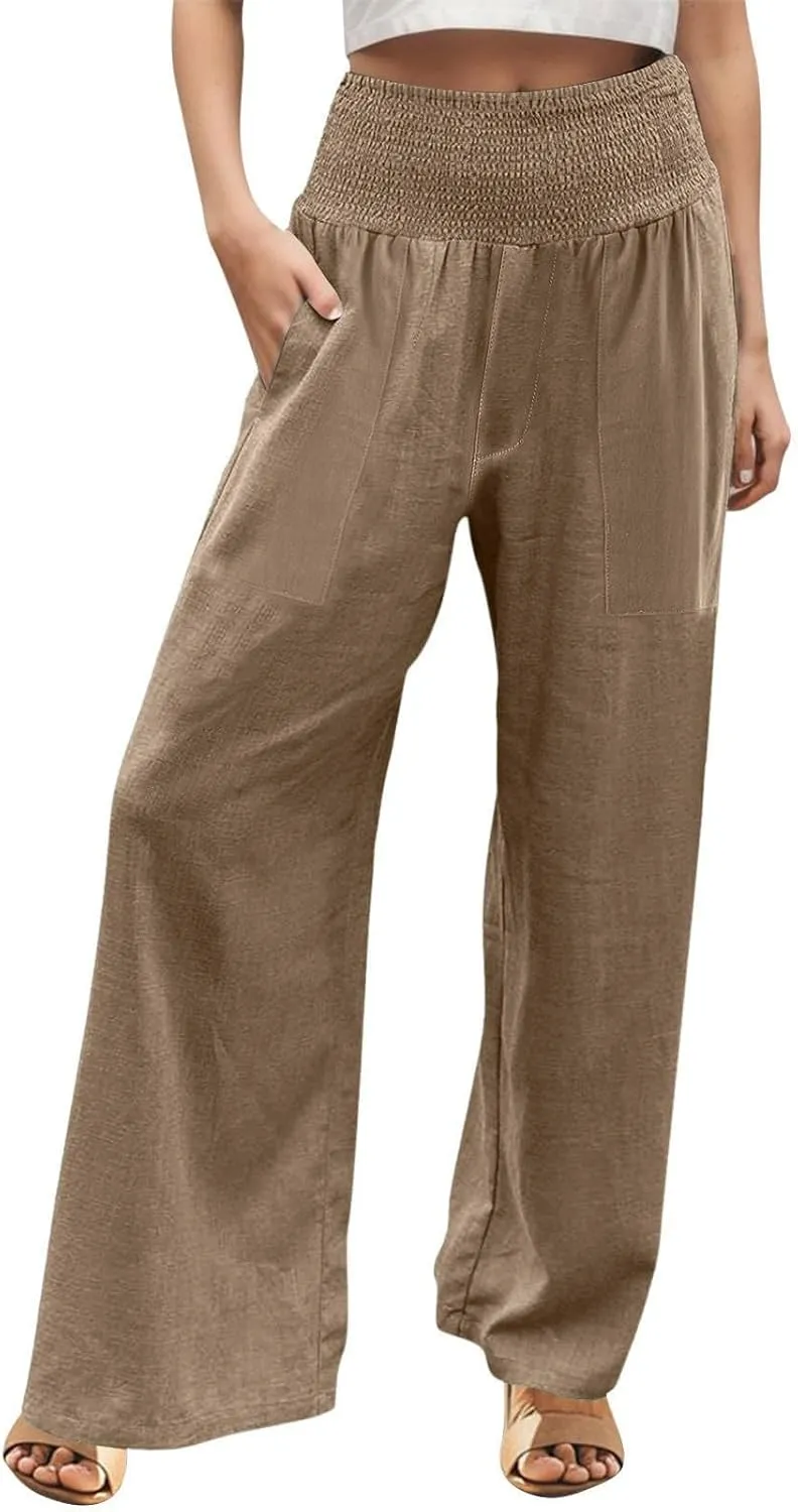 Cotton Linen Lounge Pants Women Boho Wide Leg Elastic Waist Summer Flowy Palazzo Pants Straight Leg Smocked Soft Trouser