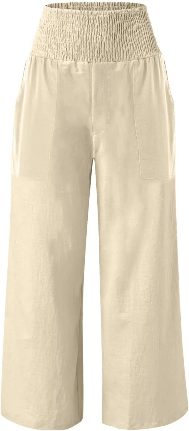 Cotton Linen Lounge Pants Women Boho Wide Leg Elastic Waist Summer Flowy Palazzo Pants Straight Leg Smocked Soft Trouser