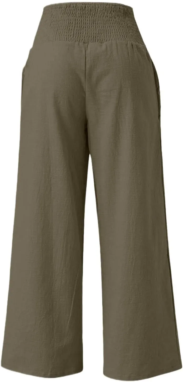 Cotton Linen Lounge Pants Women Boho Wide Leg Elastic Waist Summer Flowy Palazzo Pants Straight Leg Smocked Soft Trouser