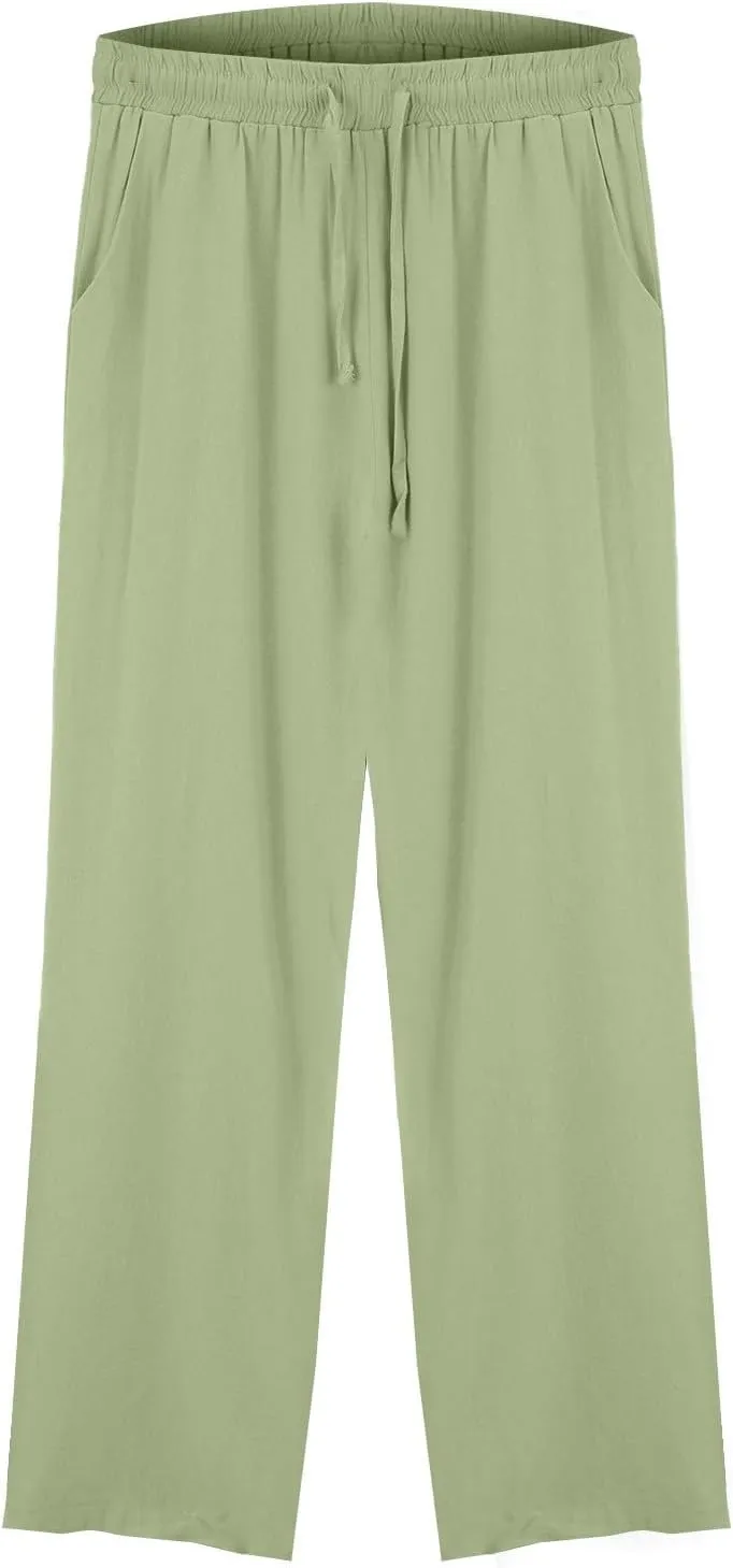 Cotton Linen Pants for Women 2025 Solid Color Button Pants Baggy Elastic Waist Straight Leg Trousers with Pocket