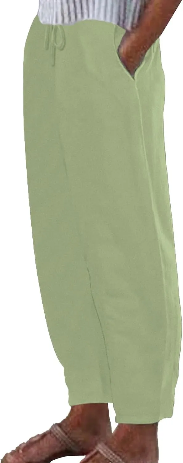 Cotton Linen Pants for Women 2025 Solid Color Button Pants Baggy Elastic Waist Straight Leg Trousers with Pocket
