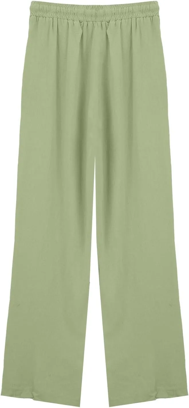 Cotton Linen Pants for Women 2025 Solid Color Button Pants Baggy Elastic Waist Straight Leg Trousers with Pocket