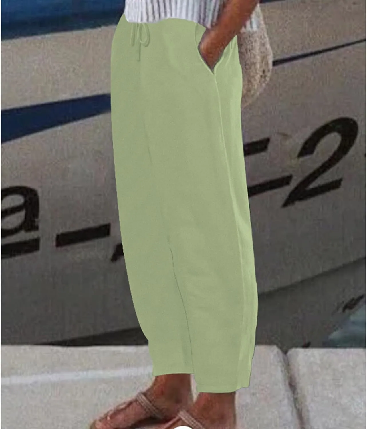 Cotton Linen Pants for Women 2025 Solid Color Button Pants Baggy Elastic Waist Straight Leg Trousers with Pocket