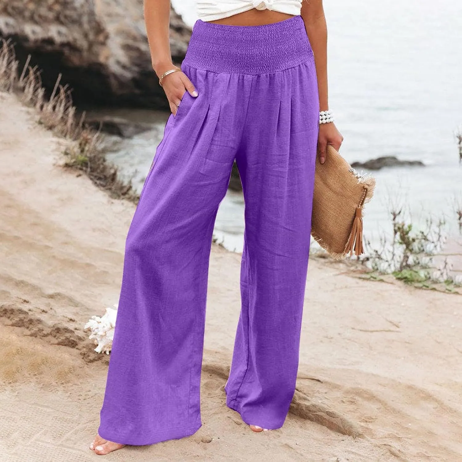 Cotton Linen Pants for Women 2025 Trendy Wide Leg Joggers Pants High Waist Drawstring Casual Loose Pant with Pockets