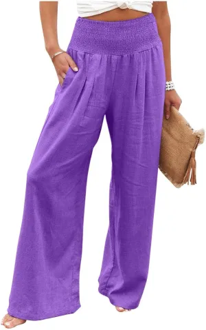 Cotton Linen Pants for Women 2025 Trendy Wide Leg Joggers Pants High Waist Drawstring Casual Loose Pant with Pockets