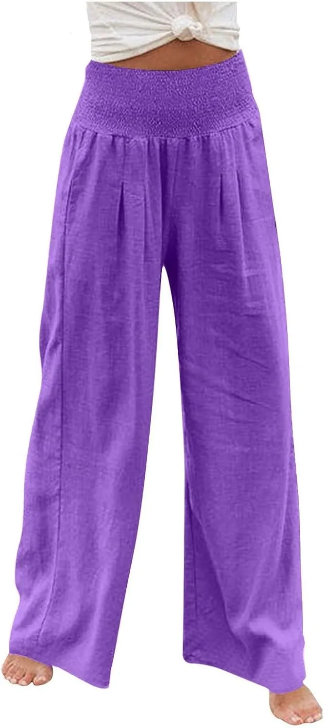 Cotton Linen Pants for Women 2025 Trendy Wide Leg Joggers Pants High Waist Drawstring Casual Loose Pant with Pockets