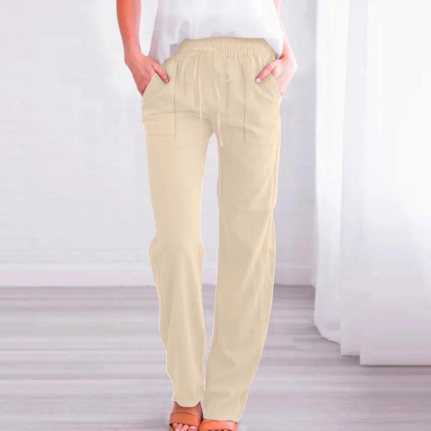 Cotton Linen Pants for Women Drawstring Casual High Waisted Pull On Straight Leg Trousers with Pockets