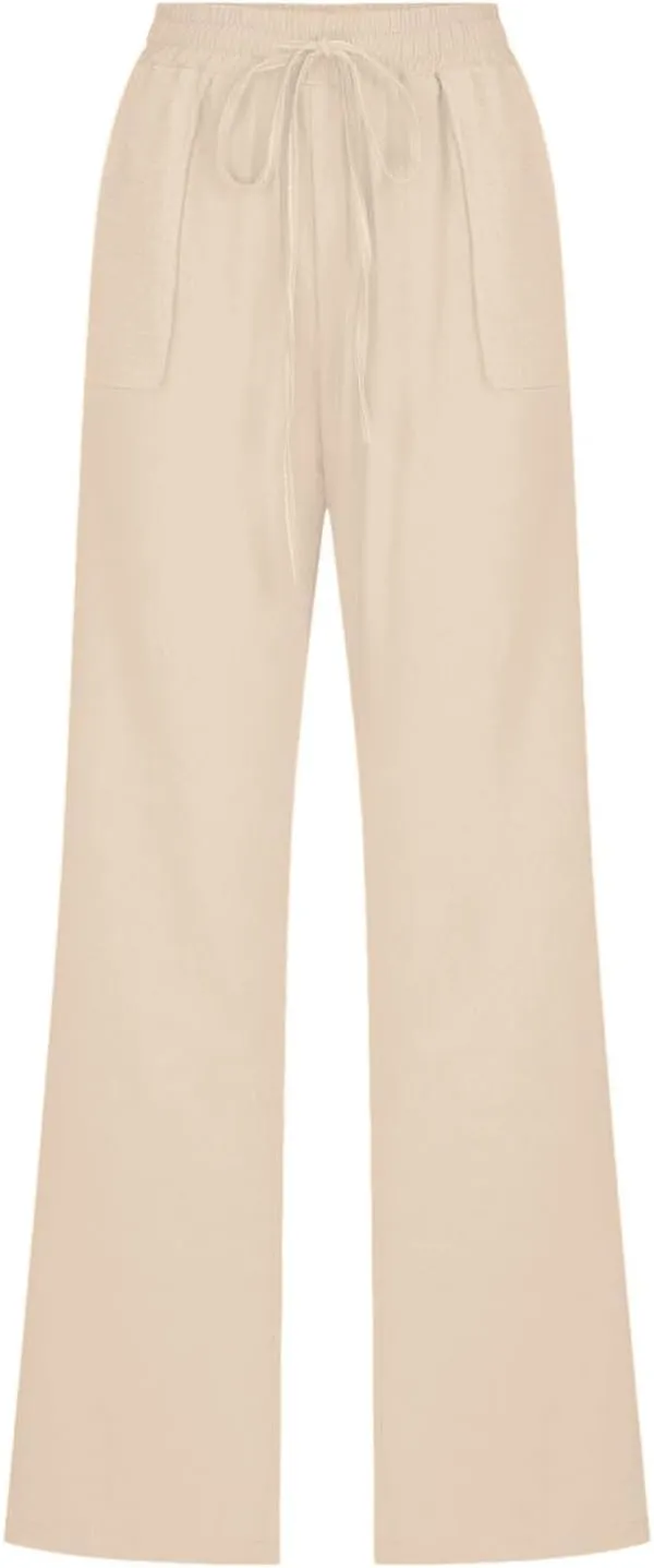Cotton Linen Pants for Women Drawstring Casual High Waisted Pull On Straight Leg Trousers with Pockets