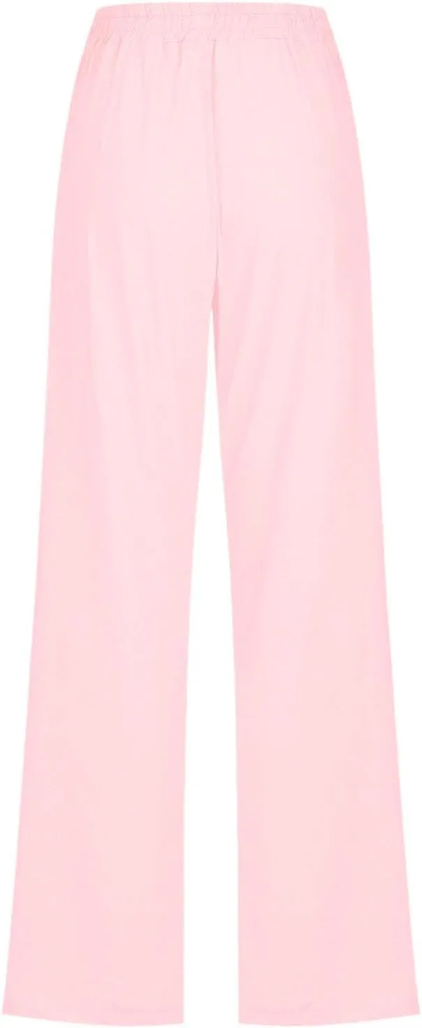 Cotton Linen Pants for Women Drawstring Casual High Waisted Pull On Straight Leg Trousers with Pockets