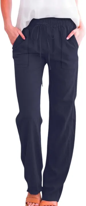 Cotton Linen Pants for Women Drawstring Casual High Waisted Pull On Straight Leg Trousers with Pockets