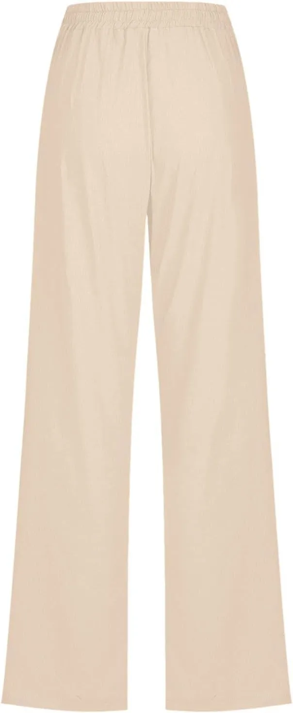 Cotton Linen Pants for Women Drawstring Casual High Waisted Pull On Straight Leg Trousers with Pockets