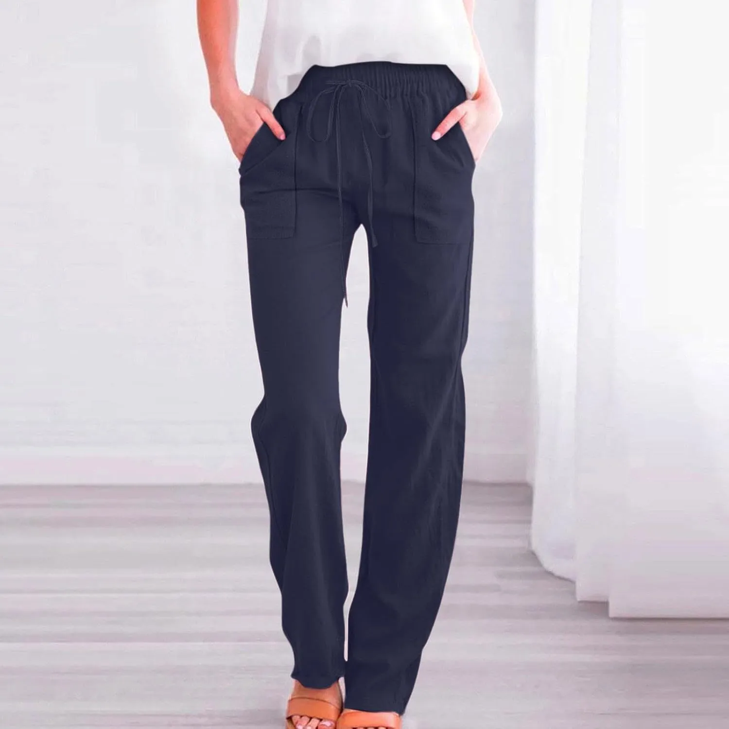 Cotton Linen Pants for Women Drawstring Casual High Waisted Pull On Straight Leg Trousers with Pockets