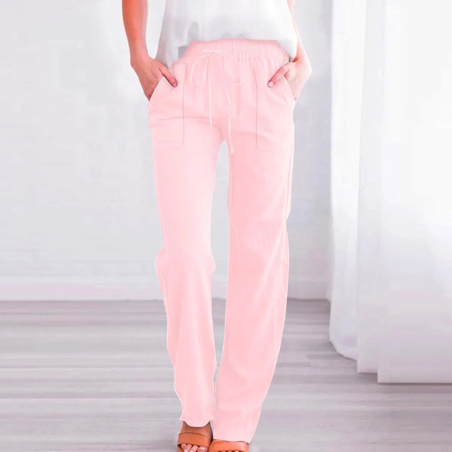 Cotton Linen Pants for Women Drawstring Casual High Waisted Pull On Straight Leg Trousers with Pockets