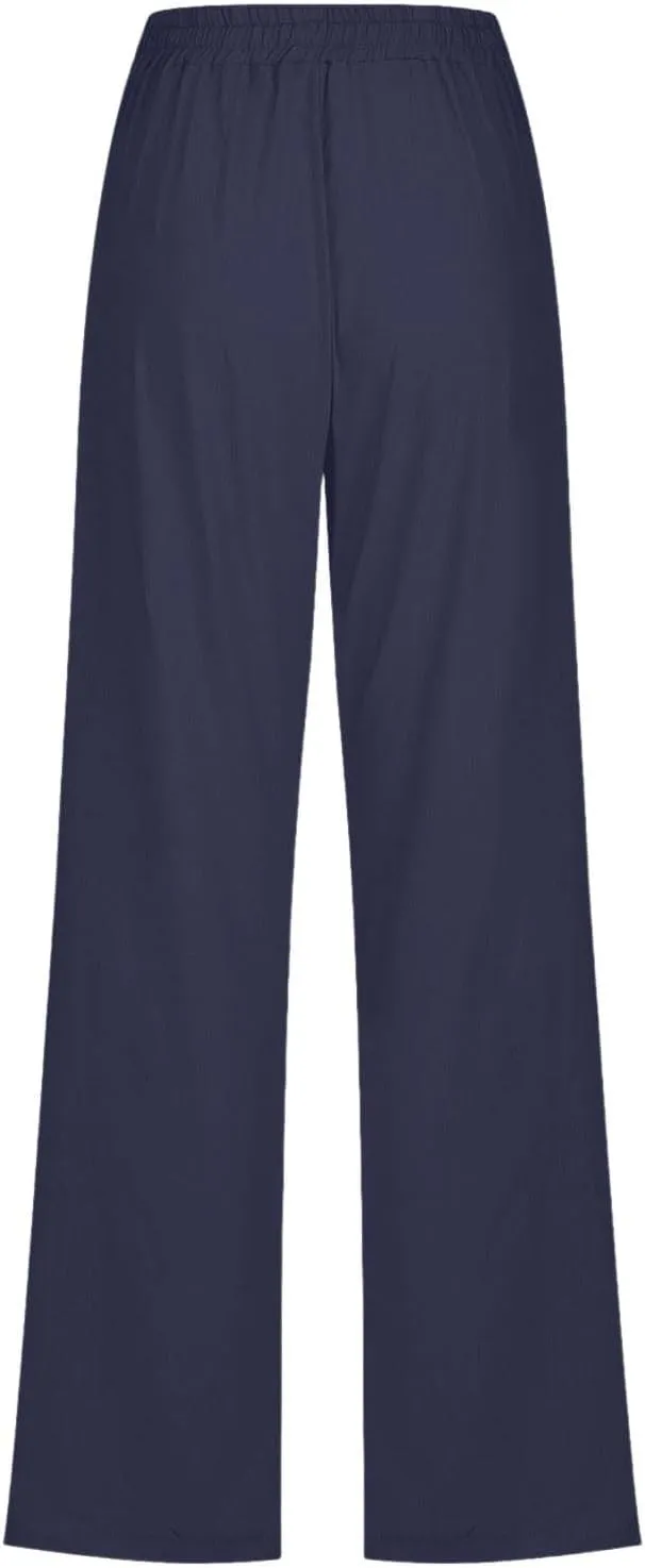 Cotton Linen Pants for Women Drawstring Casual High Waisted Pull On Straight Leg Trousers with Pockets