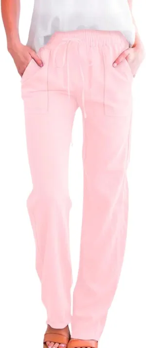 Cotton Linen Pants for Women Drawstring Casual High Waisted Pull On Straight Leg Trousers with Pockets