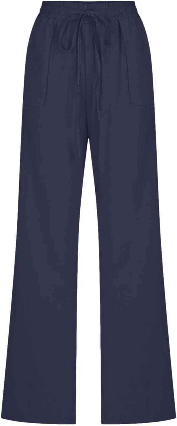 Cotton Linen Pants for Women Drawstring Casual High Waisted Pull On Straight Leg Trousers with Pockets