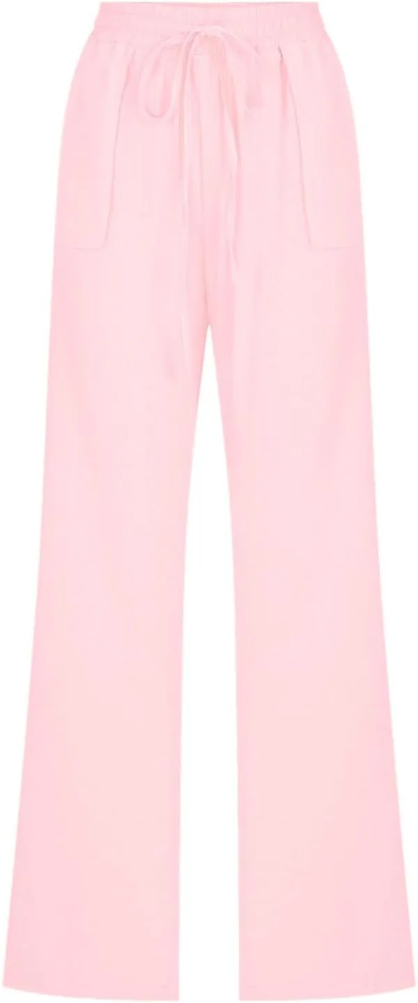 Cotton Linen Pants for Women Drawstring Casual High Waisted Pull On Straight Leg Trousers with Pockets