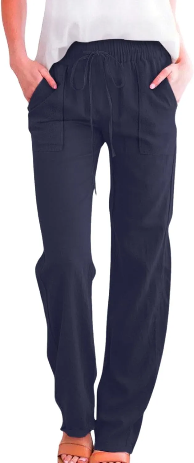 Cotton Linen Pants for Women Drawstring Casual High Waisted Pull On Straight Leg Trousers with Pockets