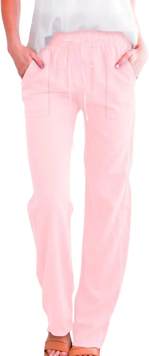 Cotton Linen Pants for Women Drawstring Casual High Waisted Pull On Straight Leg Trousers with Pockets