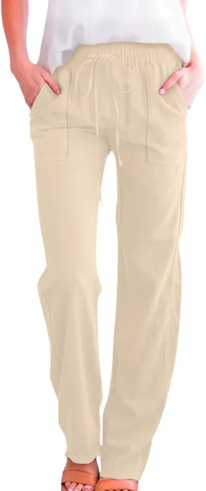 Cotton Linen Pants for Women Drawstring Casual High Waisted Pull On Straight Leg Trousers with Pockets