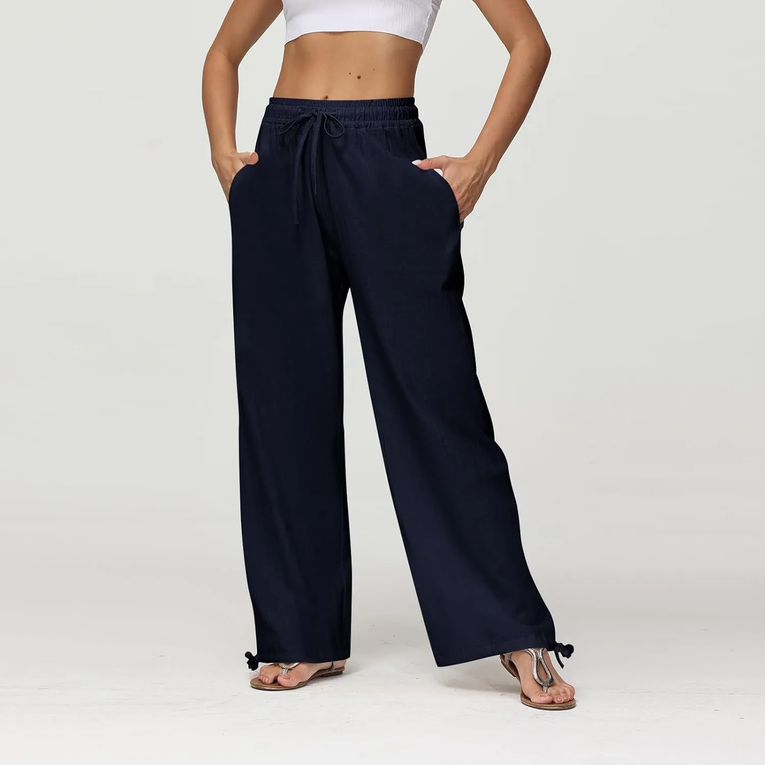 Cotton Linen Pants Women Summer Loose Drawstring Waisted Palazzo Pants Casual Wide Leg Trousers Pants with Pockets