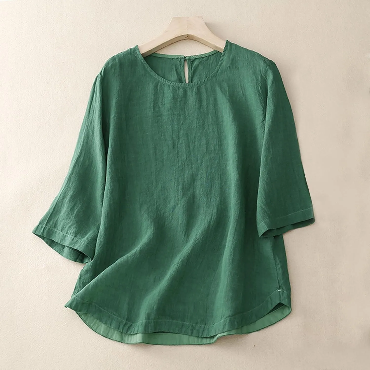 Cotton Linen Shirts for Women Summer Solid Color Basic Crew Neck 3/4 Sleeve Tops Casual Trendy Loose Beach Blouse