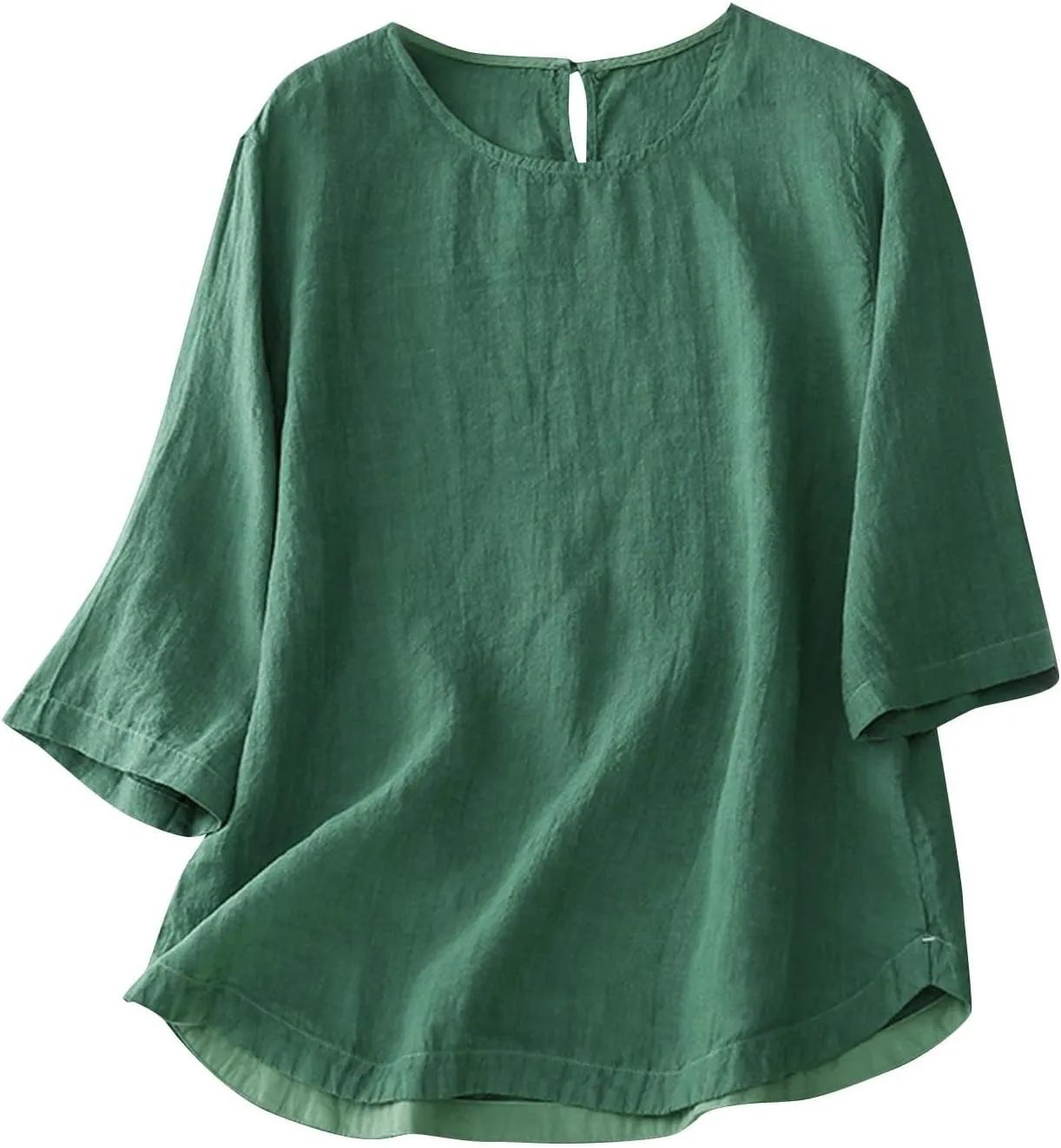 Cotton Linen Shirts for Women Summer Solid Color Basic Crew Neck 3/4 Sleeve Tops Casual Trendy Loose Beach Blouse