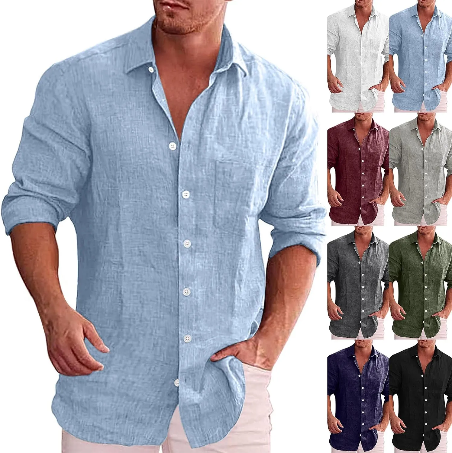 CRNTCEM Mens Long Sleeve Cotton Linen Shirts Lightweight Casual Button Down Collared Work Shirts Summer Outdoor Beach Blouses