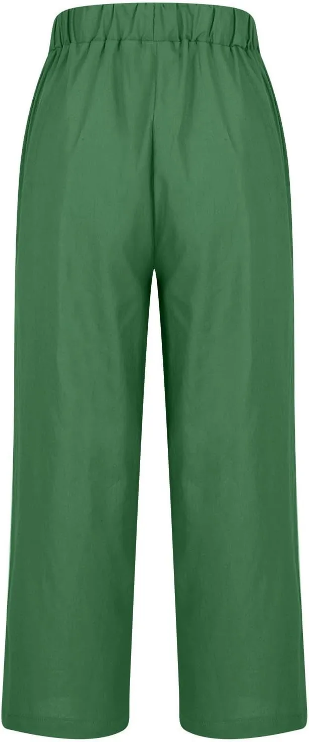 Cropped Linen Pants for Women Summer Elastic Waist Crop Pants Casual Beach Straight Leg Trousers with Pockets