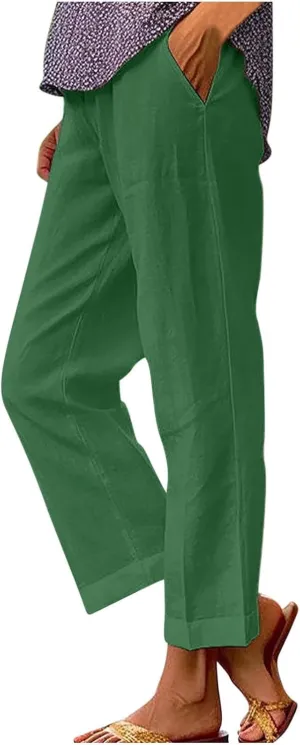 Cropped Linen Pants for Women Summer Elastic Waist Crop Pants Casual Beach Straight Leg Trousers with Pockets