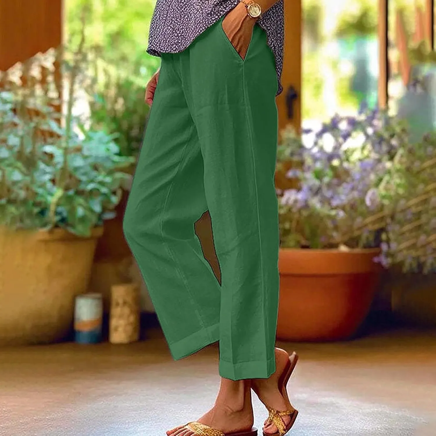 Cropped Linen Pants for Women Summer Elastic Waist Crop Pants Casual Beach Straight Leg Trousers with Pockets