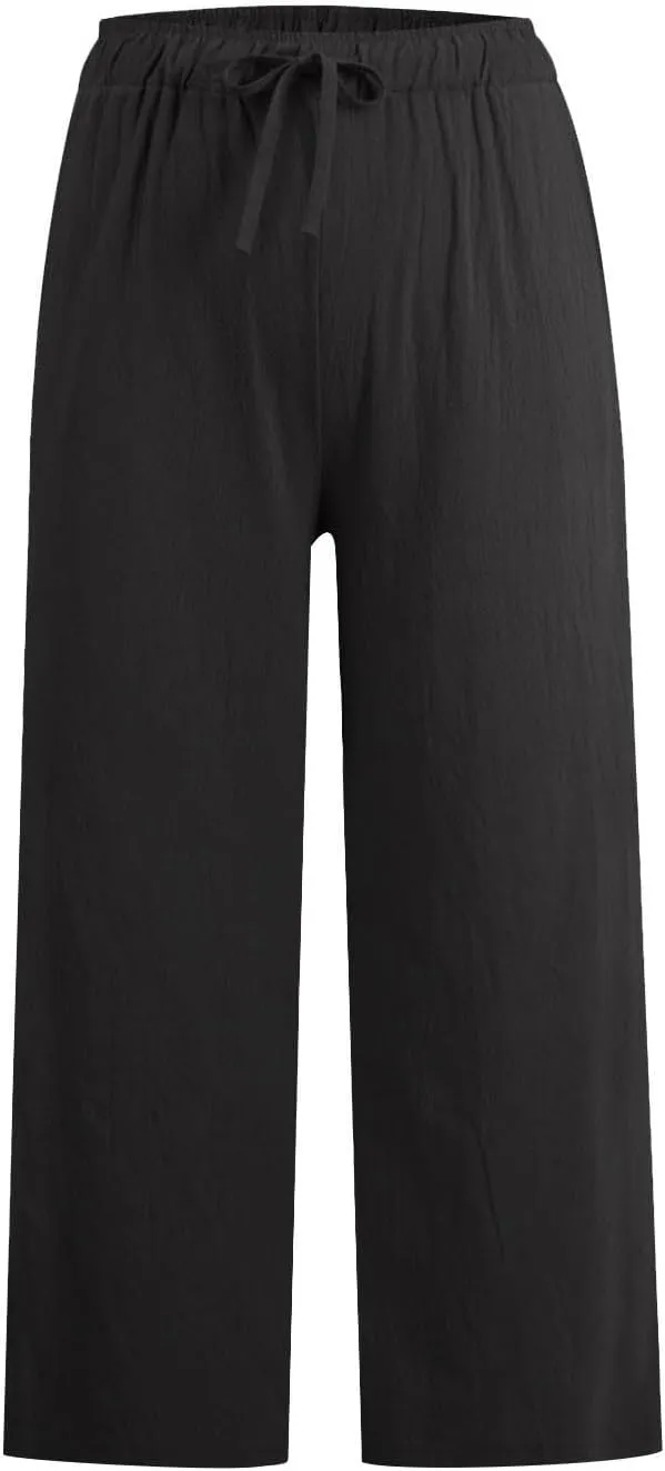 Cropped Linen Pants Women Casual Loose Fit Wide Leg Capris with Pockets Summer Comfy Elastic Waist Lounge Pants
