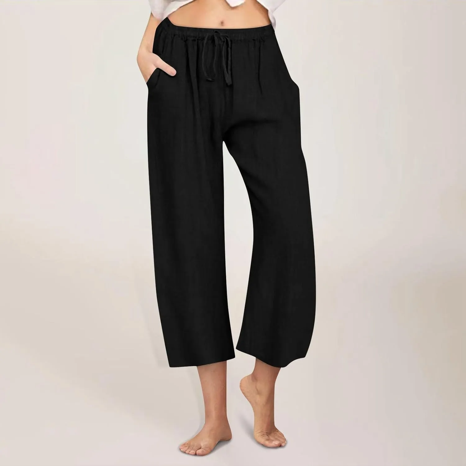 Cropped Linen Pants Women Casual Loose Fit Wide Leg Capris with Pockets Summer Comfy Elastic Waist Lounge Pants
