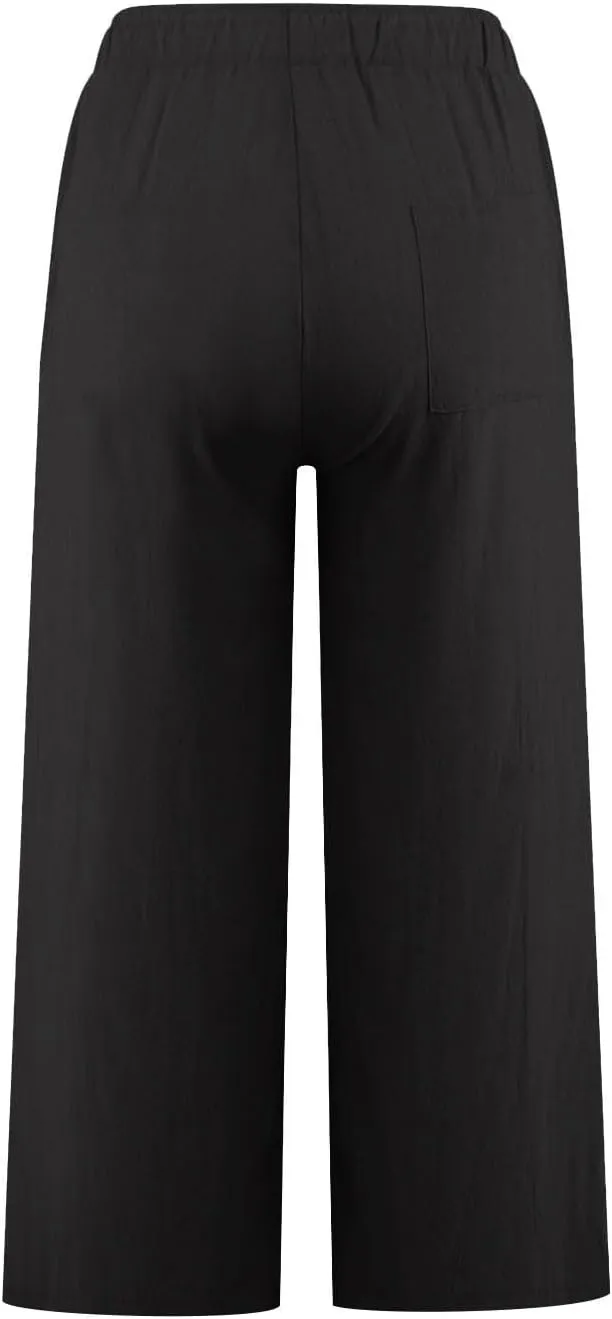 Cropped Linen Pants Women Casual Loose Fit Wide Leg Capris with Pockets Summer Comfy Elastic Waist Lounge Pants