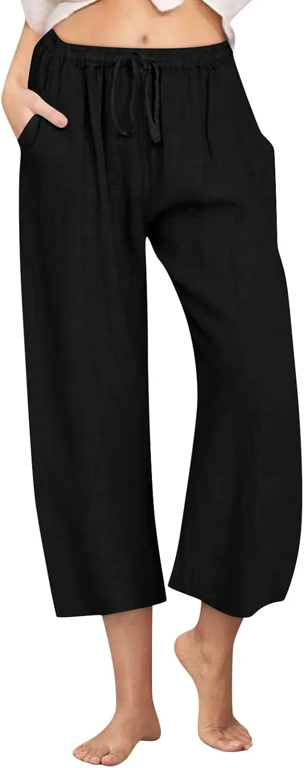 Cropped Linen Pants Women Casual Loose Fit Wide Leg Capris with Pockets Summer Comfy Elastic Waist Lounge Pants