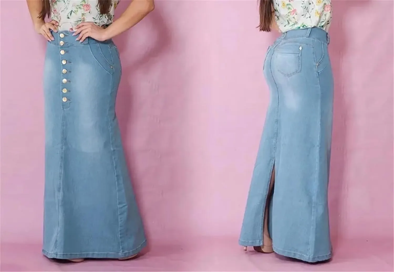 Denim Skirts Women High Waist Stretchy Front Button Fish Tail Vintage Skirt