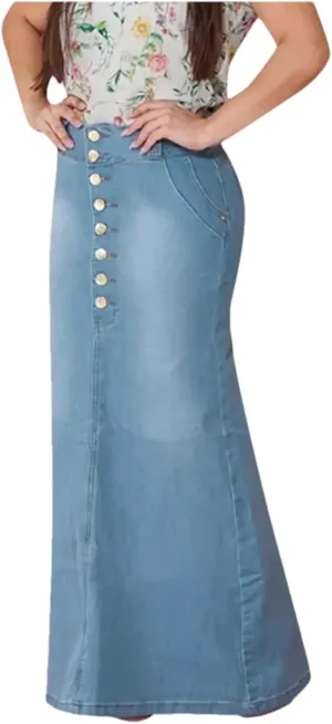 Denim Skirts Women High Waist Stretchy Front Button Fish Tail Vintage Skirt