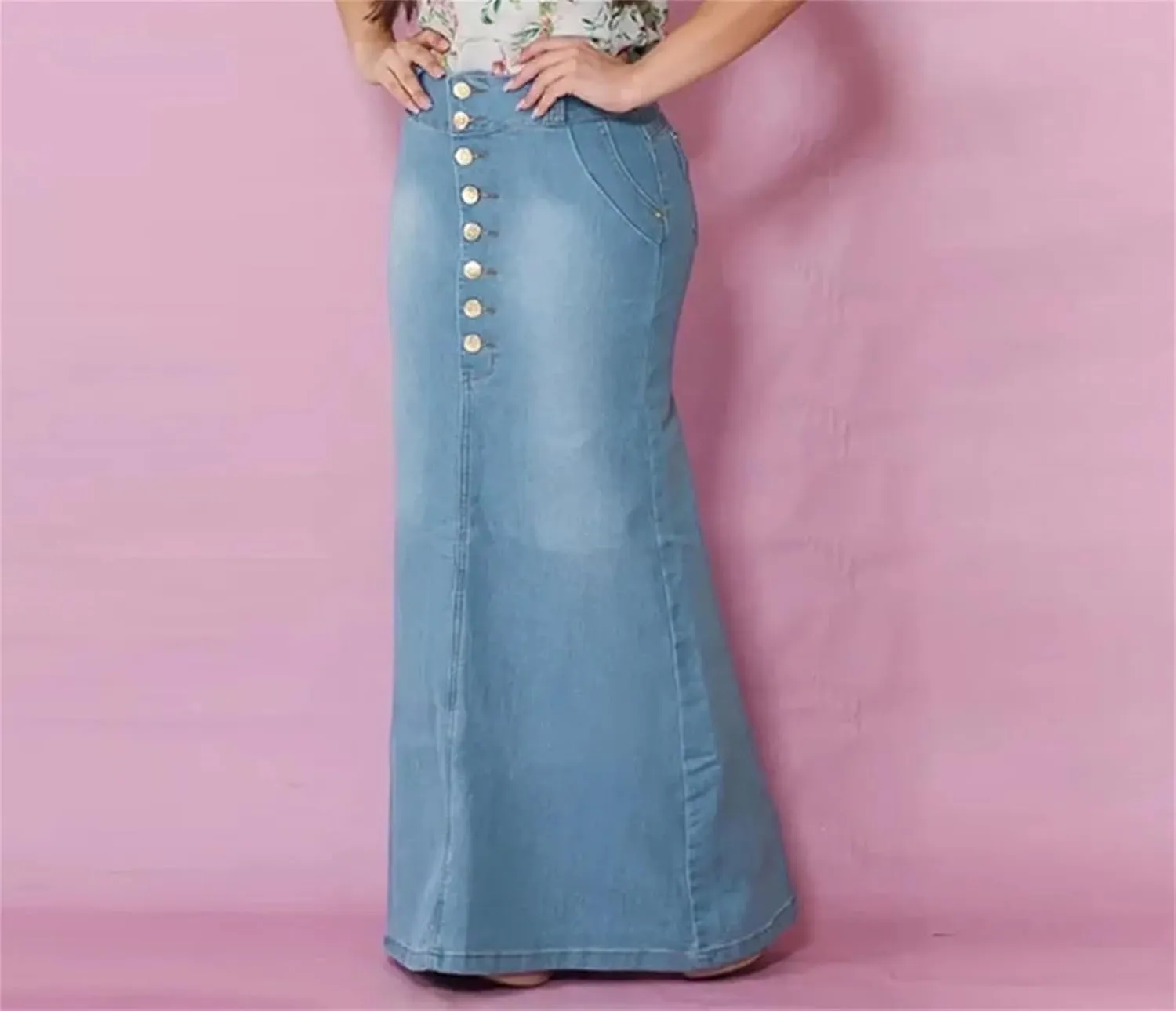 Denim Skirts Women High Waist Stretchy Front Button Fish Tail Vintage Skirt
